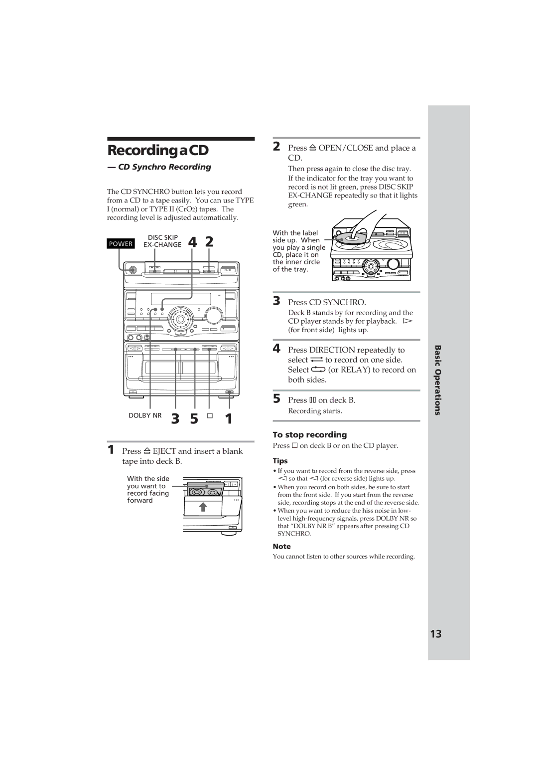 Sony MHC-D60 manual RecordingaCD, CD Synchro Recording, To stop recording 