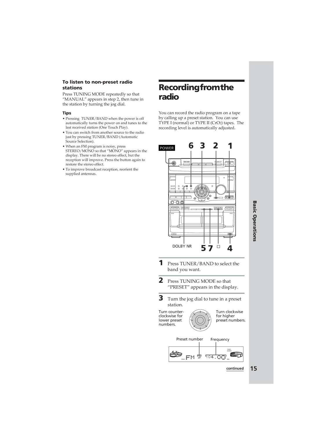 Sony MHC-D60 manual Recordingfromthe radio, To listen to non-preset radio stations 