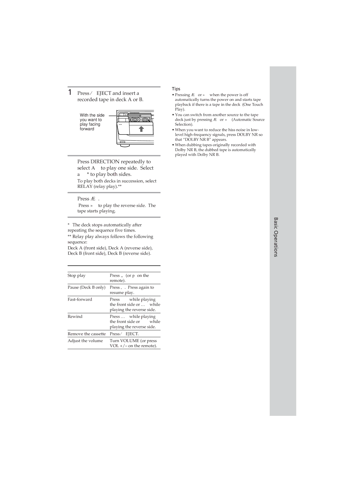 Sony MHC-D60 manual Press ¤EJECT and insert a recorded tape in deck a or B, Press á 