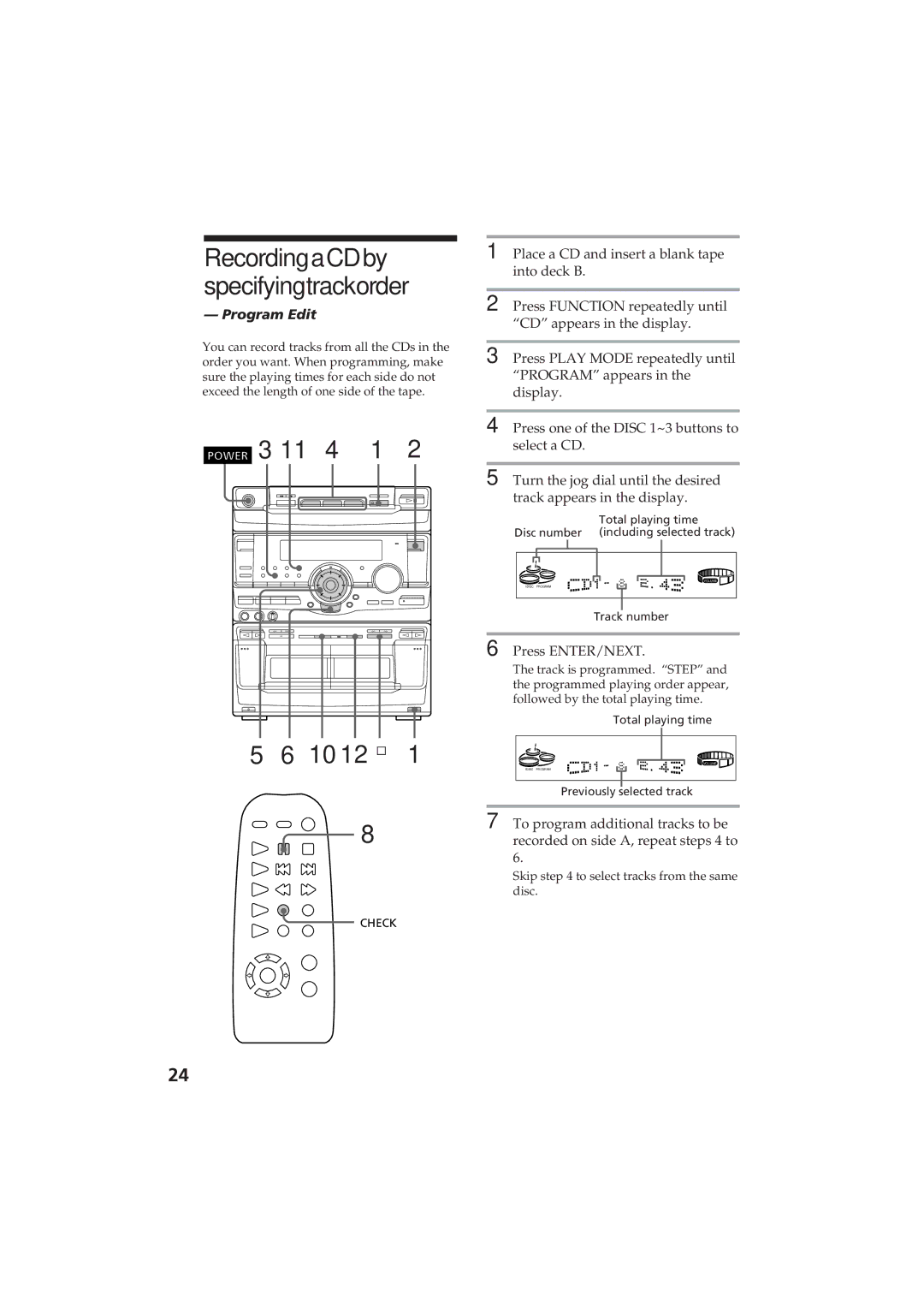 Sony MHC-D60 manual RecordingaCDby specifyingtrackorder, 10 12 ¹ 1, Program Edit 