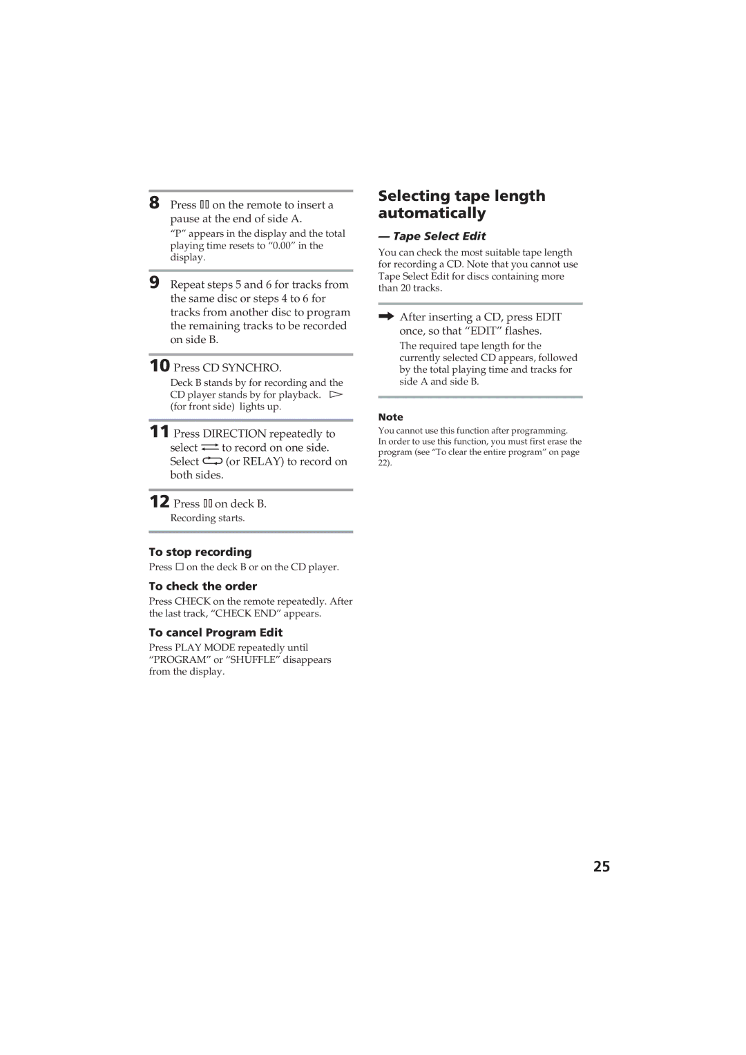 Sony MHC-D60 manual Selecting tape length automatically, To check the order, To cancel Program Edit, Tape Select Edit 