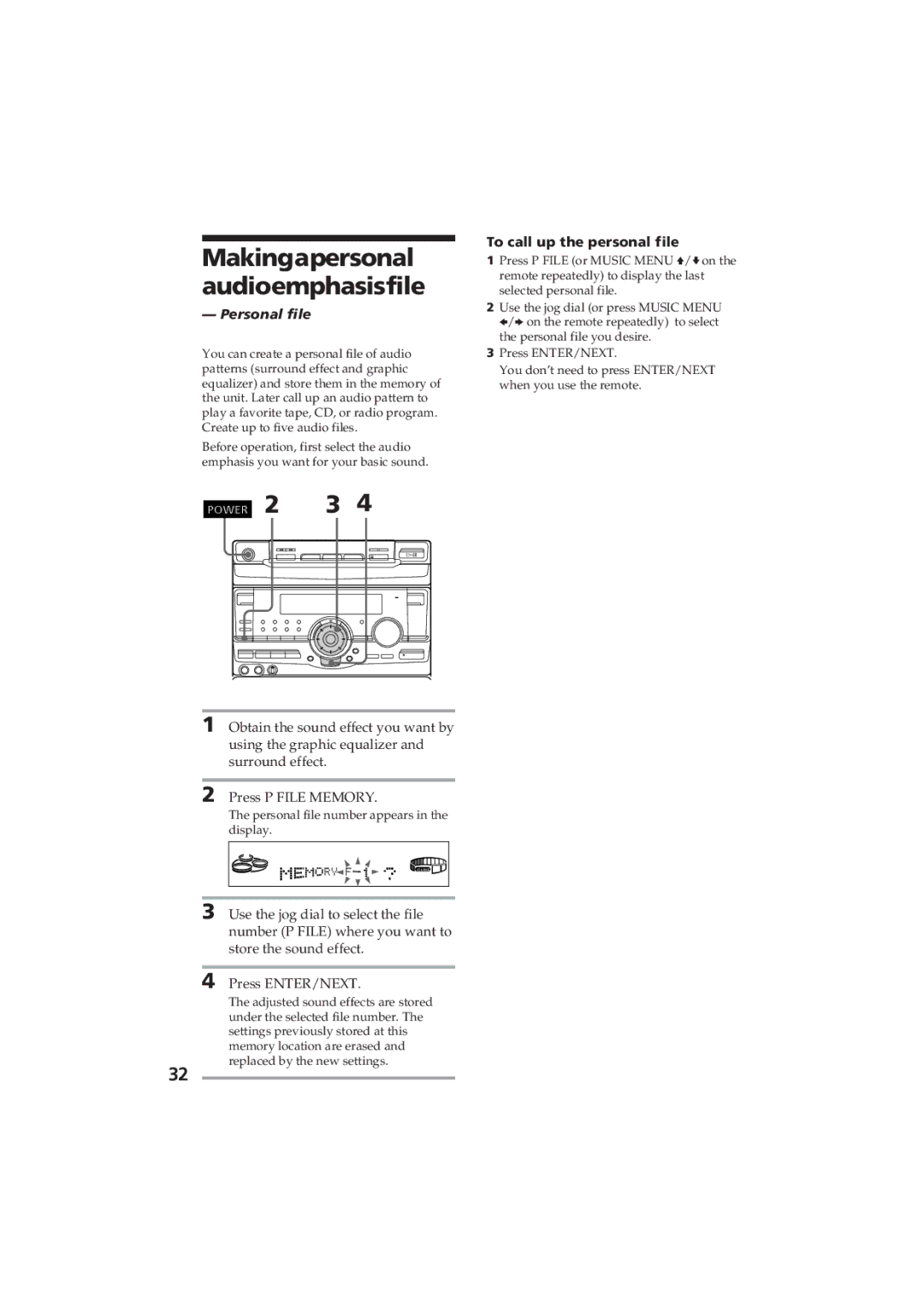 Sony MHC-D60 manual Makingapersonal audioemphasisfile, Personal file, To call up the personal file 