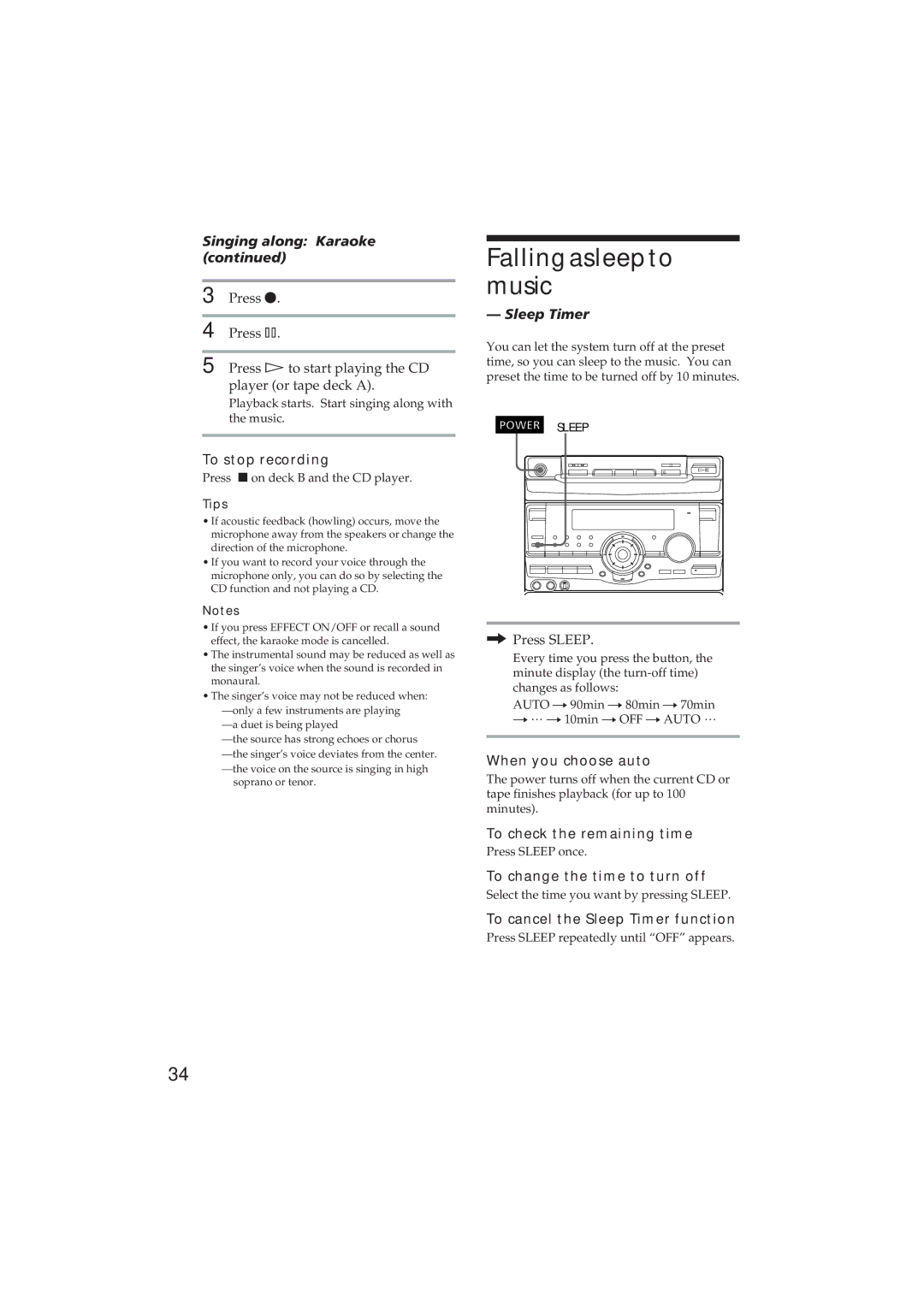 Sony MHC-D60 manual Fallingasleepto music, Singing along Karaoke, Sleep Timer 