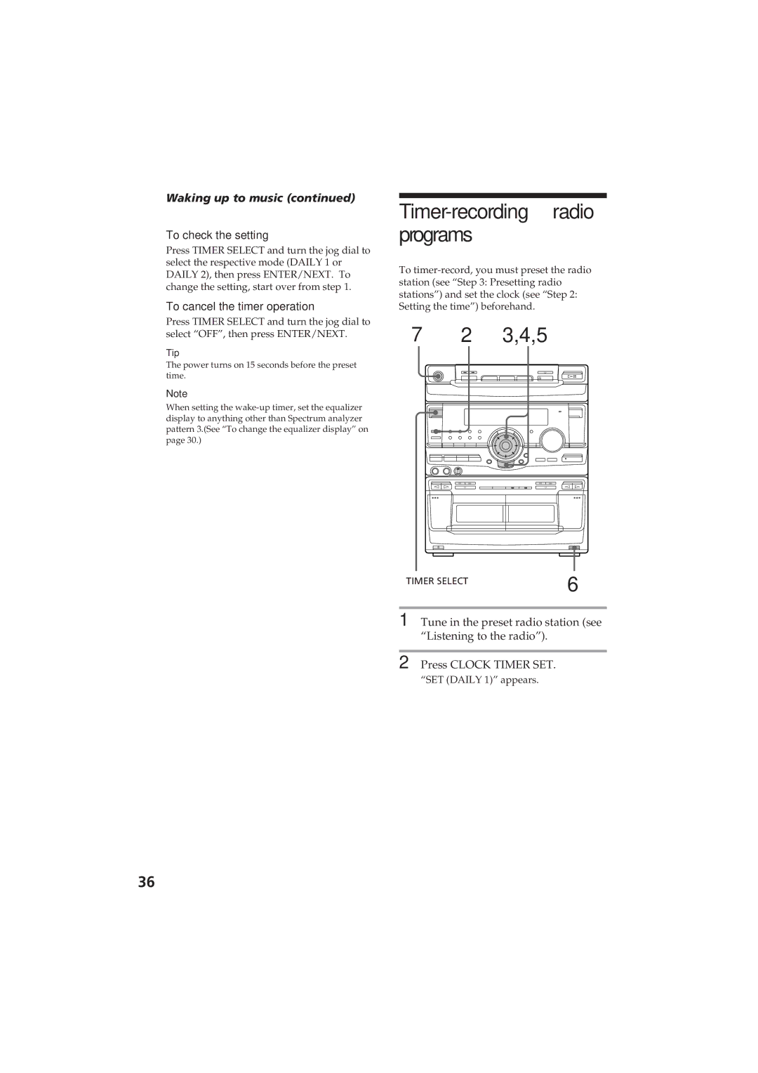 Sony MHC-D60 Timer-recordingradio programs, 3,4,5, Waking up to music, To check the setting, To cancel the timer operation 