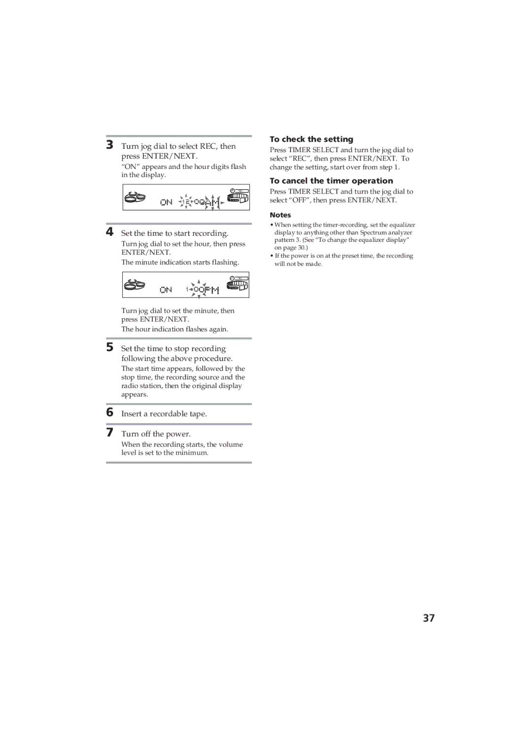 Sony MHC-D60 manual Turn jog dial to select REC, then press ENTER/NEXT, Set the time to start recording 