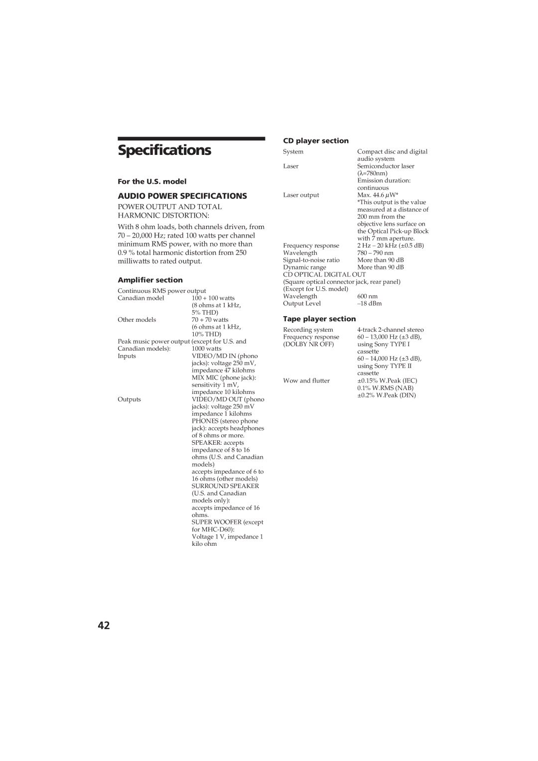 Sony MHC-D60 manual Specifications, For the U.S. model, Amplifier section, CD player section, Tape player section 