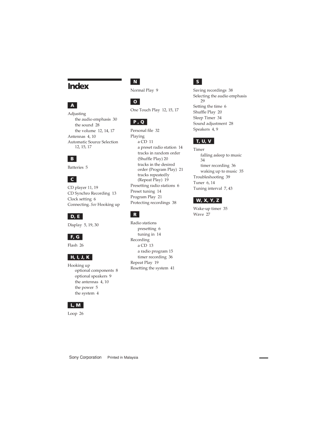 Sony MHC-D60 manual Index, J, K 