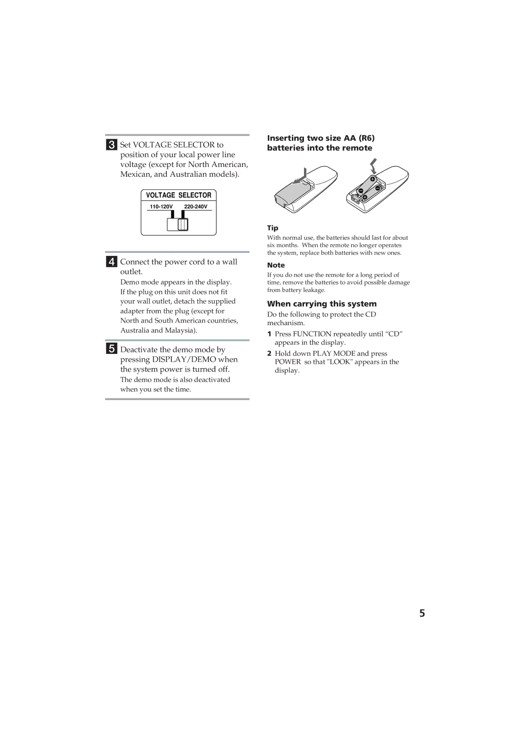 Sony MHC-D60 manual Connect the power cord to a wall outlet, Inserting two size AA R6 batteries into the remote, Tip 