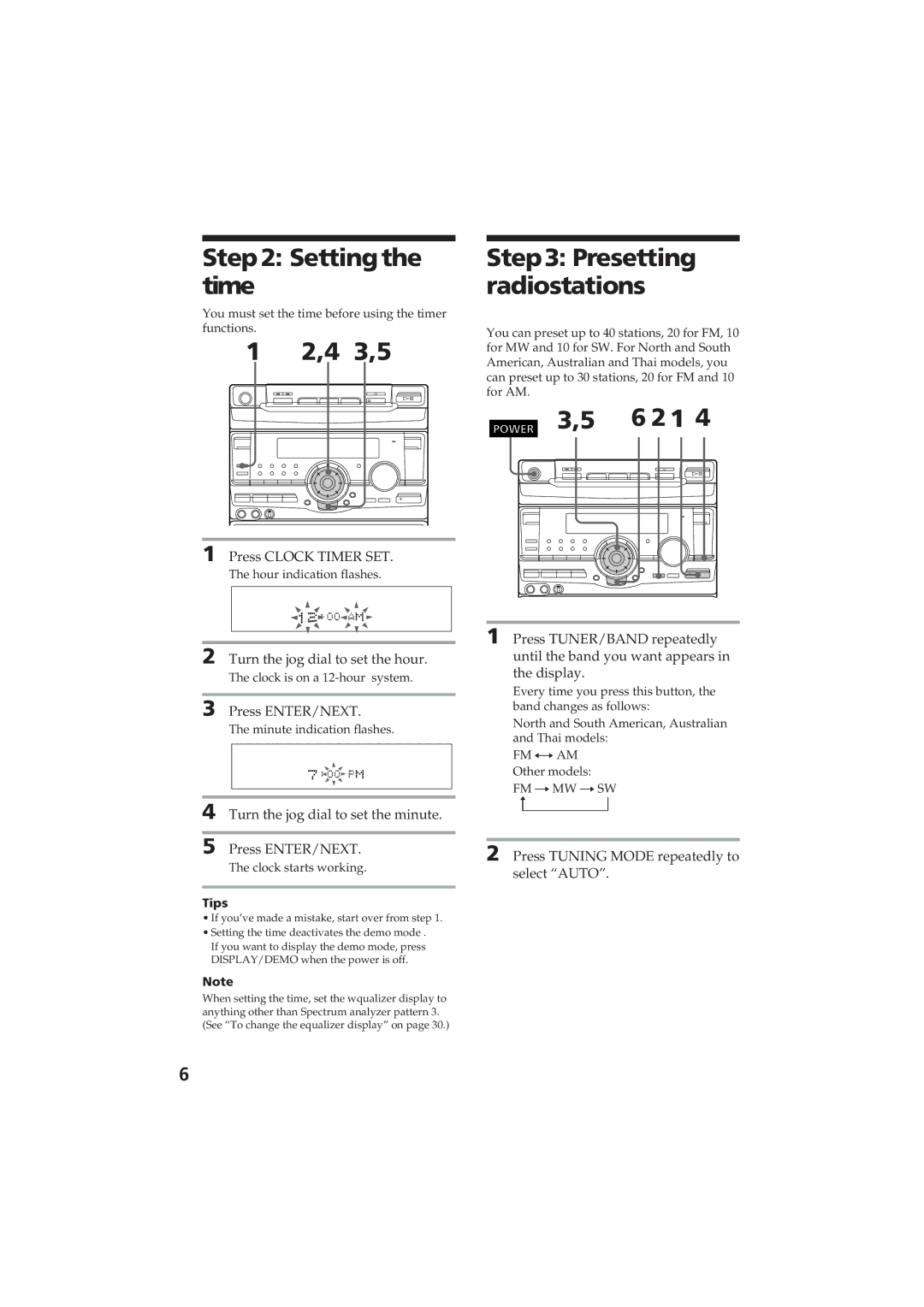 Sony MHC-D60 manual Setting the time, 4 3,5, Presetting radiostations 