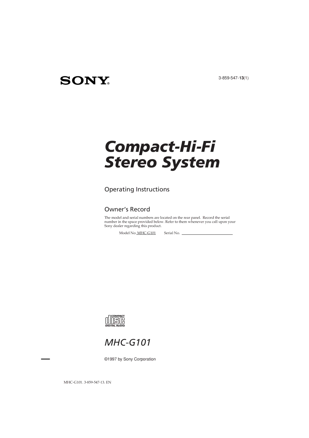 Sony MHC-G101 manual Compact-Hi-Fi Stereo System 