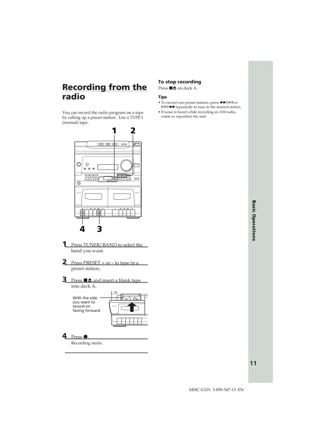 Sony MHC-G101 manual Recording from the radio, Press r, To stop recording, Basic Operations 