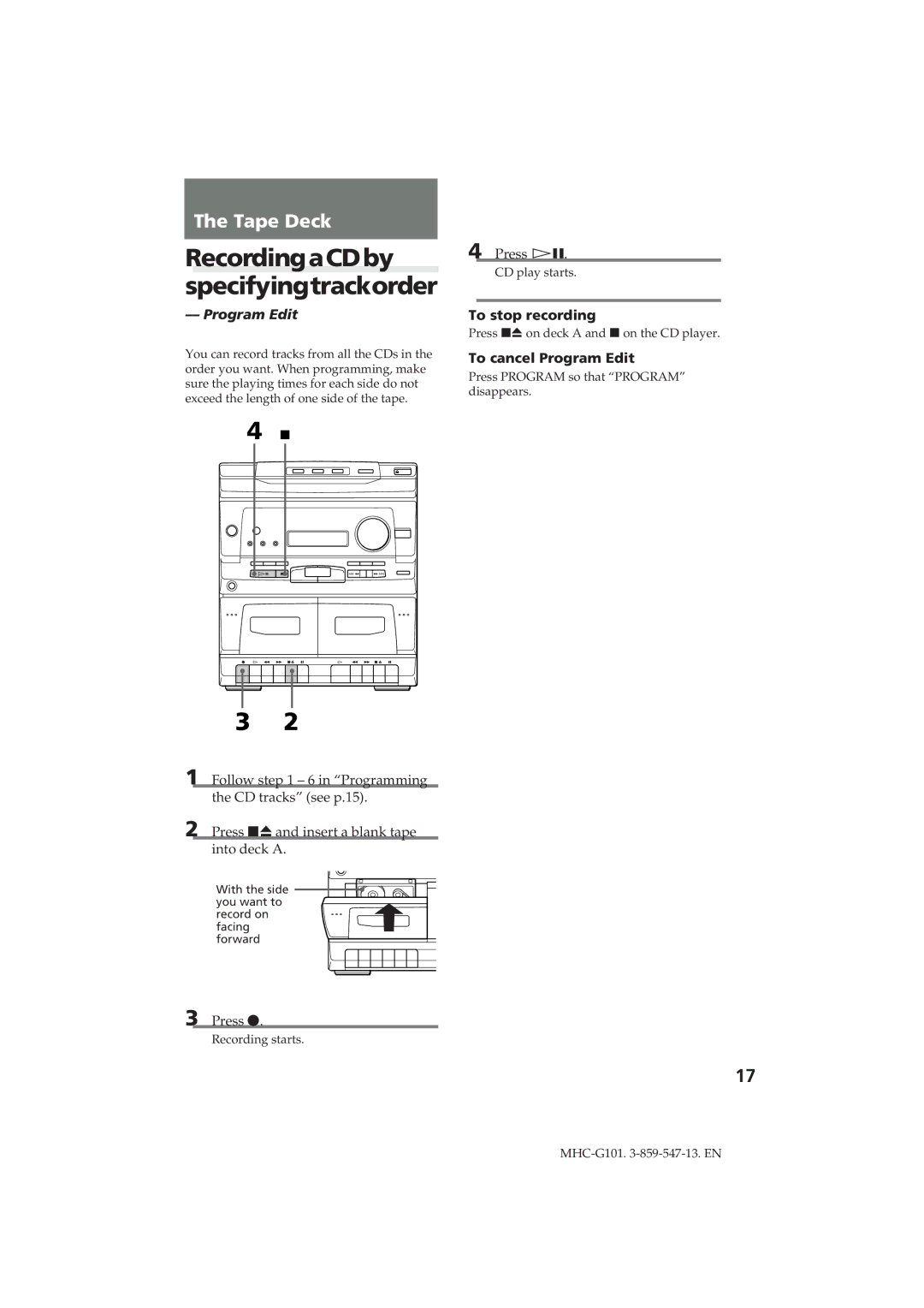 Sony MHC-G101 manual RecordingaCDby specifyingtrackorder, To cancel Program Edit 