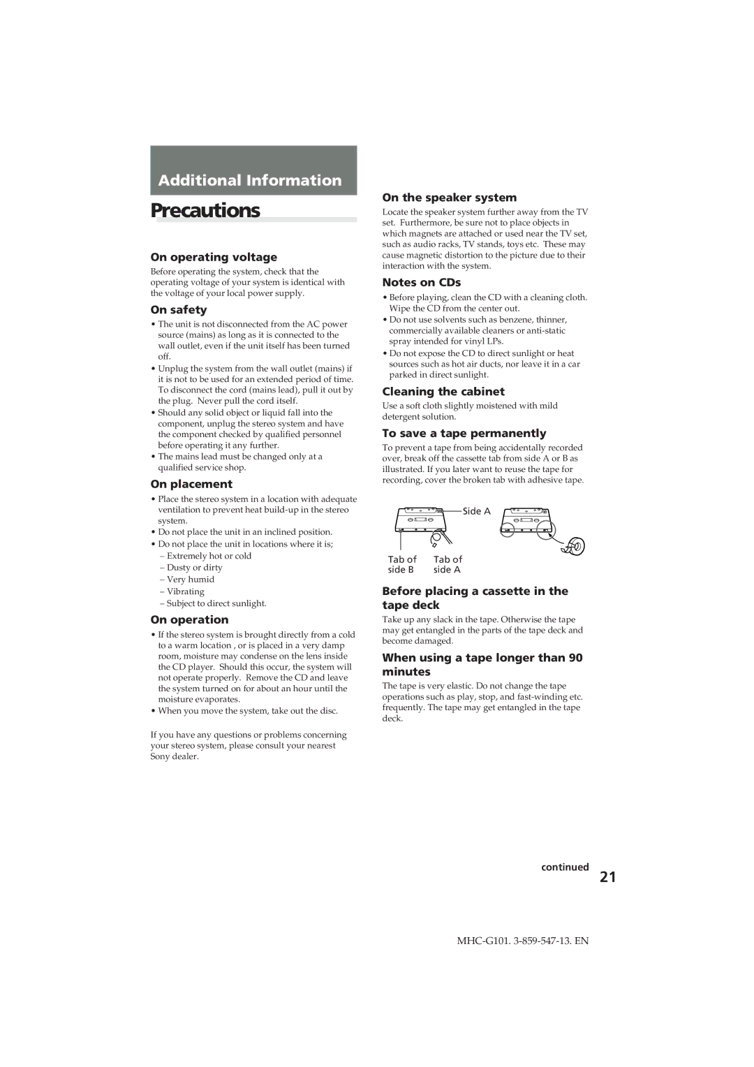 Sony MHC-G101 manual Precautions 