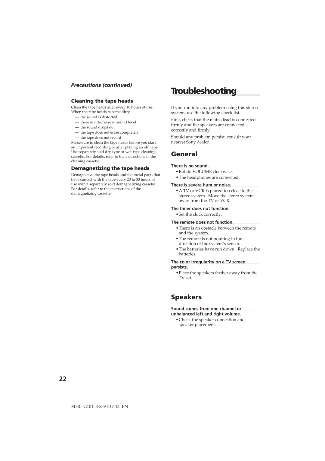 Sony MHC-G101 manual Troubleshooting, Precautions, Cleaning the tape heads, Demagnetizing the tape heads 