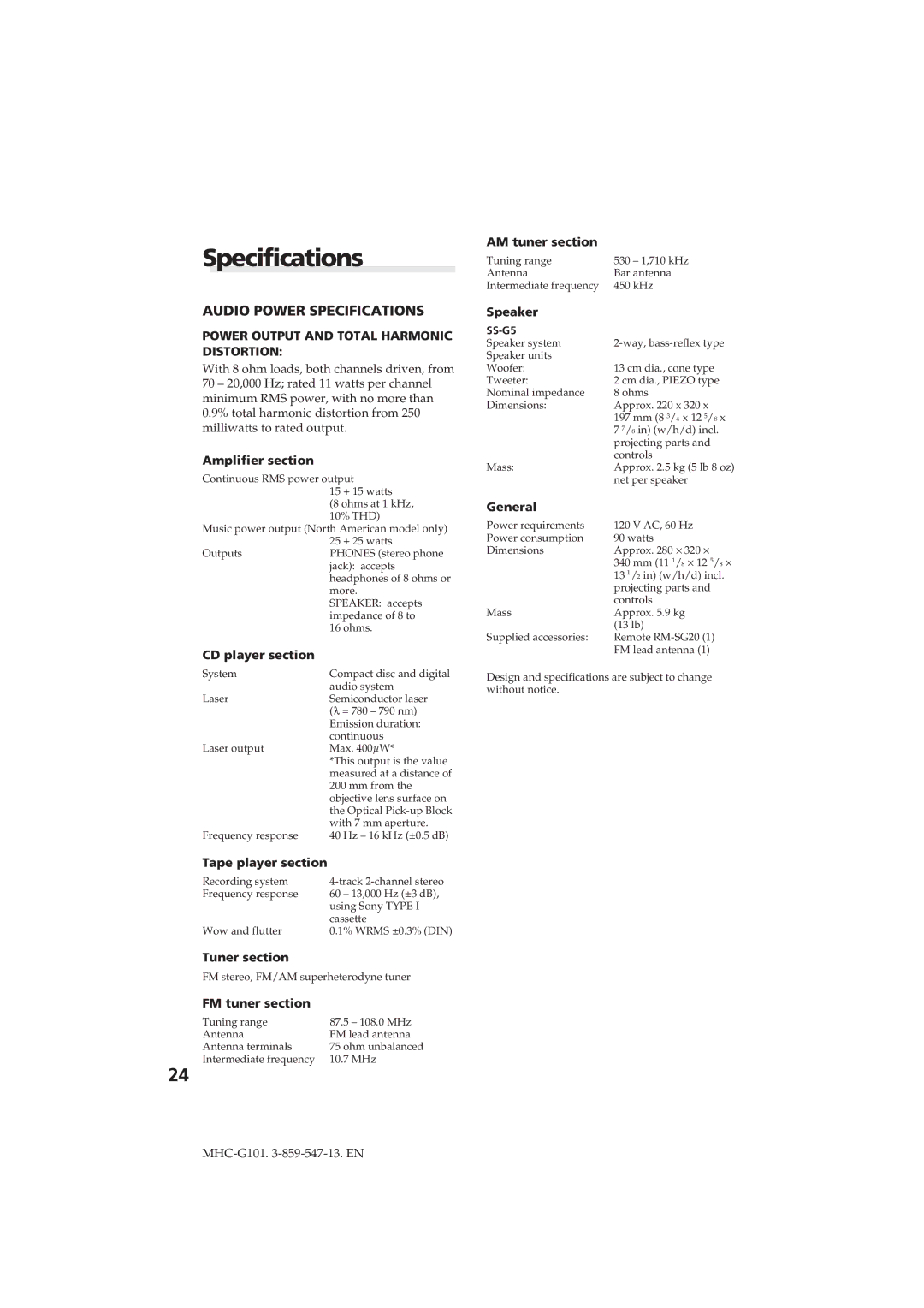 Sony MHC-G101 manual Specifications 