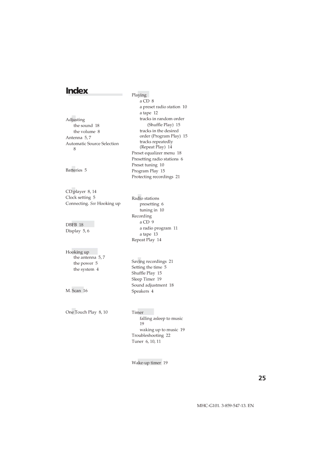 Sony MHC-G101 manual Index, Dbfb 