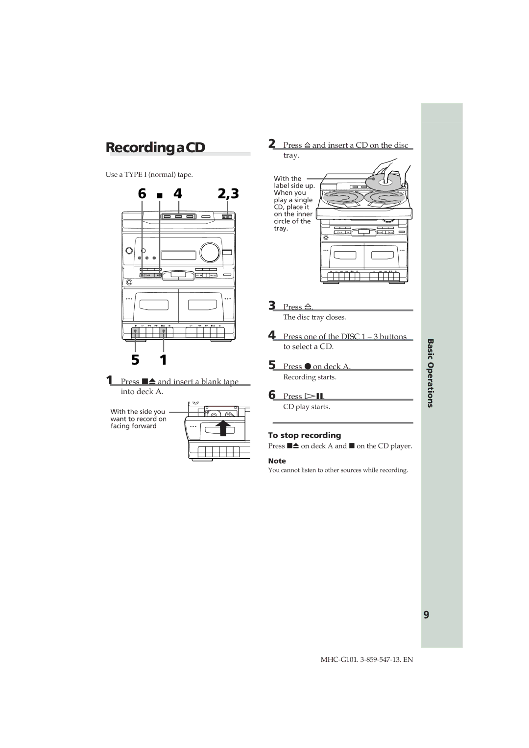 Sony MHC-G101 manual RecordingaCD, To stop recording Operations 