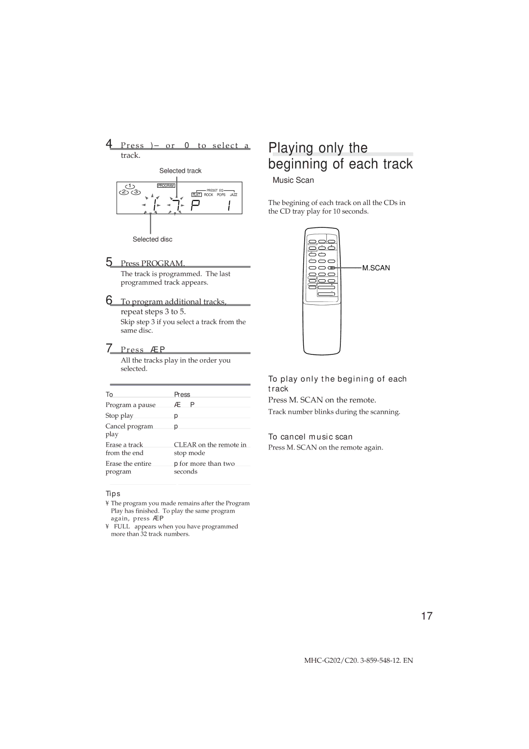 Sony MHC-G202/C20 manual Playing only the beginning of each track, Music Scan, To play only the begining of each track 