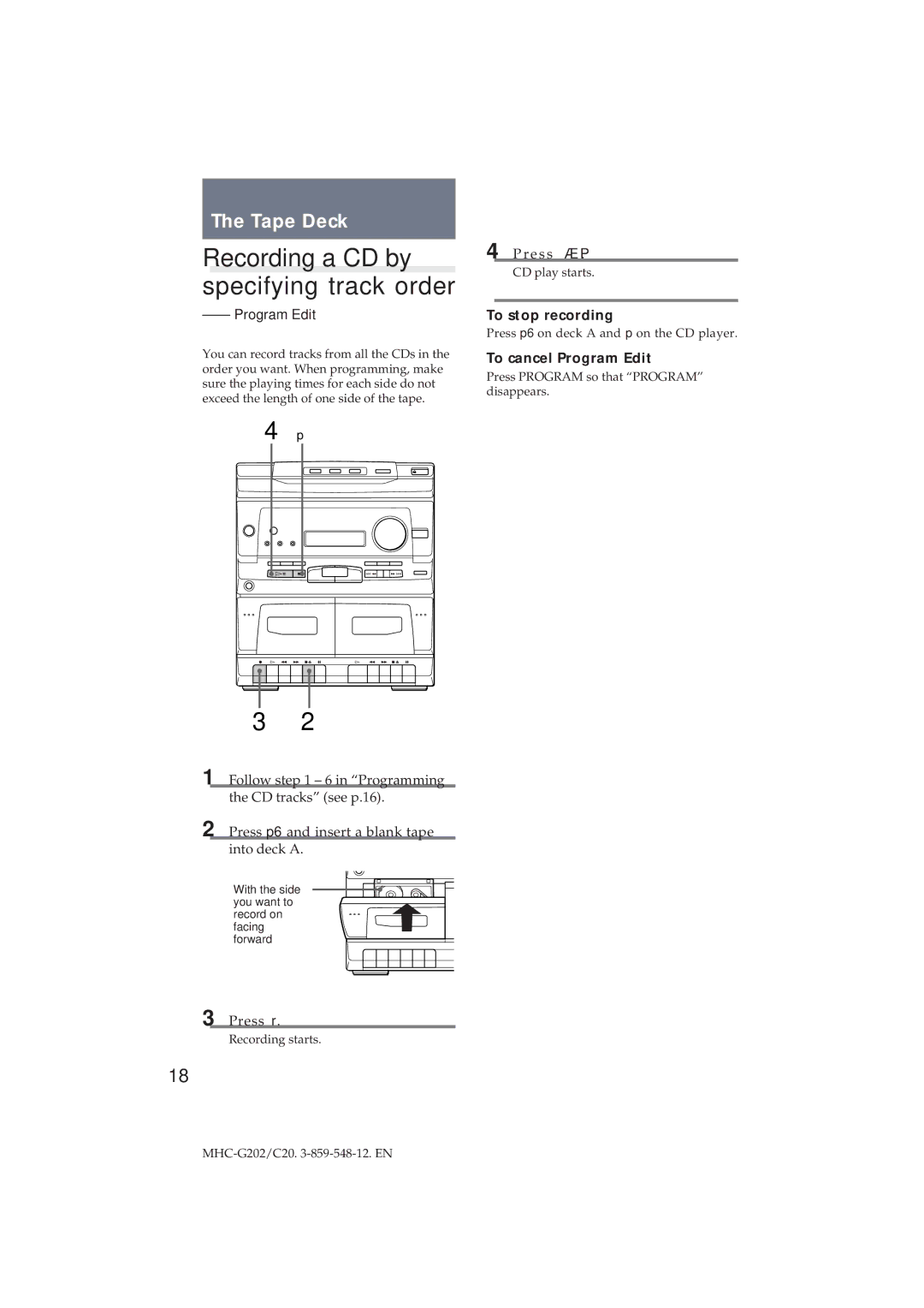 Sony MHC-G202/C20 manual Recording a CD by Specifying track order, To cancel Program Edit 