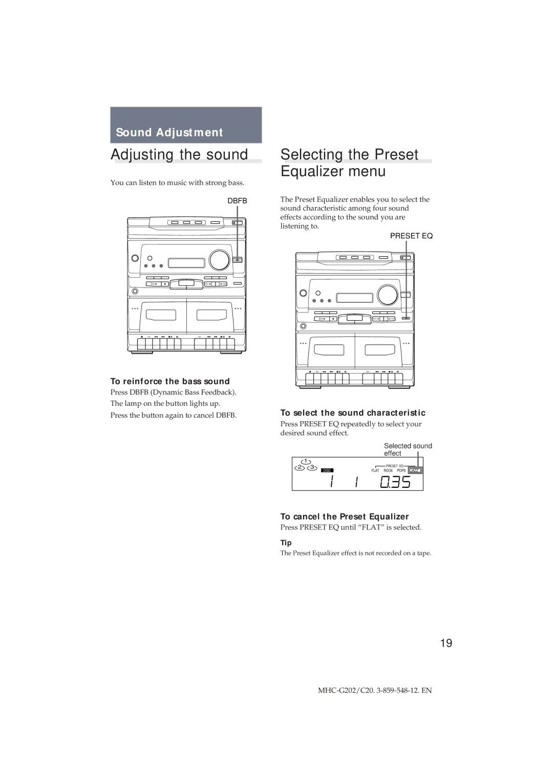 Sony MHC-G202/C20 manual Adjusting the sound, Selecting the Preset Equalizer menu, To reinforce the bass sound 