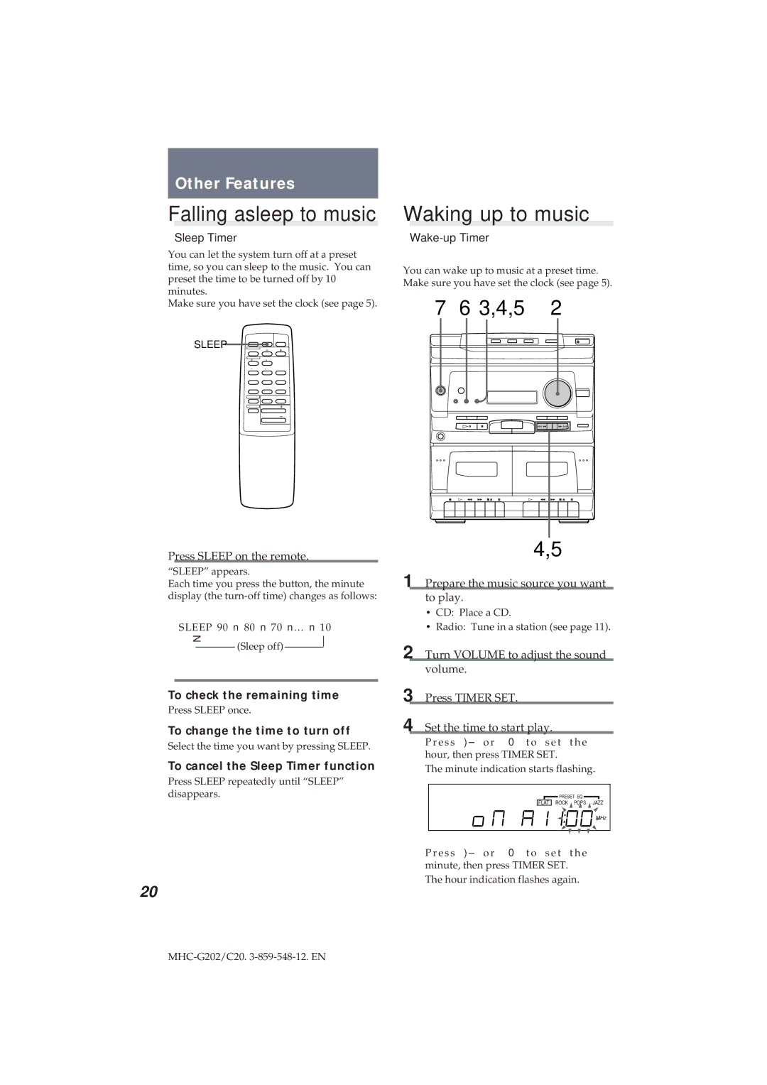 Sony MHC-G202/C20 manual Falling asleep to music, Waking up to music, 3,4,5, Sleep Timer, Wake-up Timer 