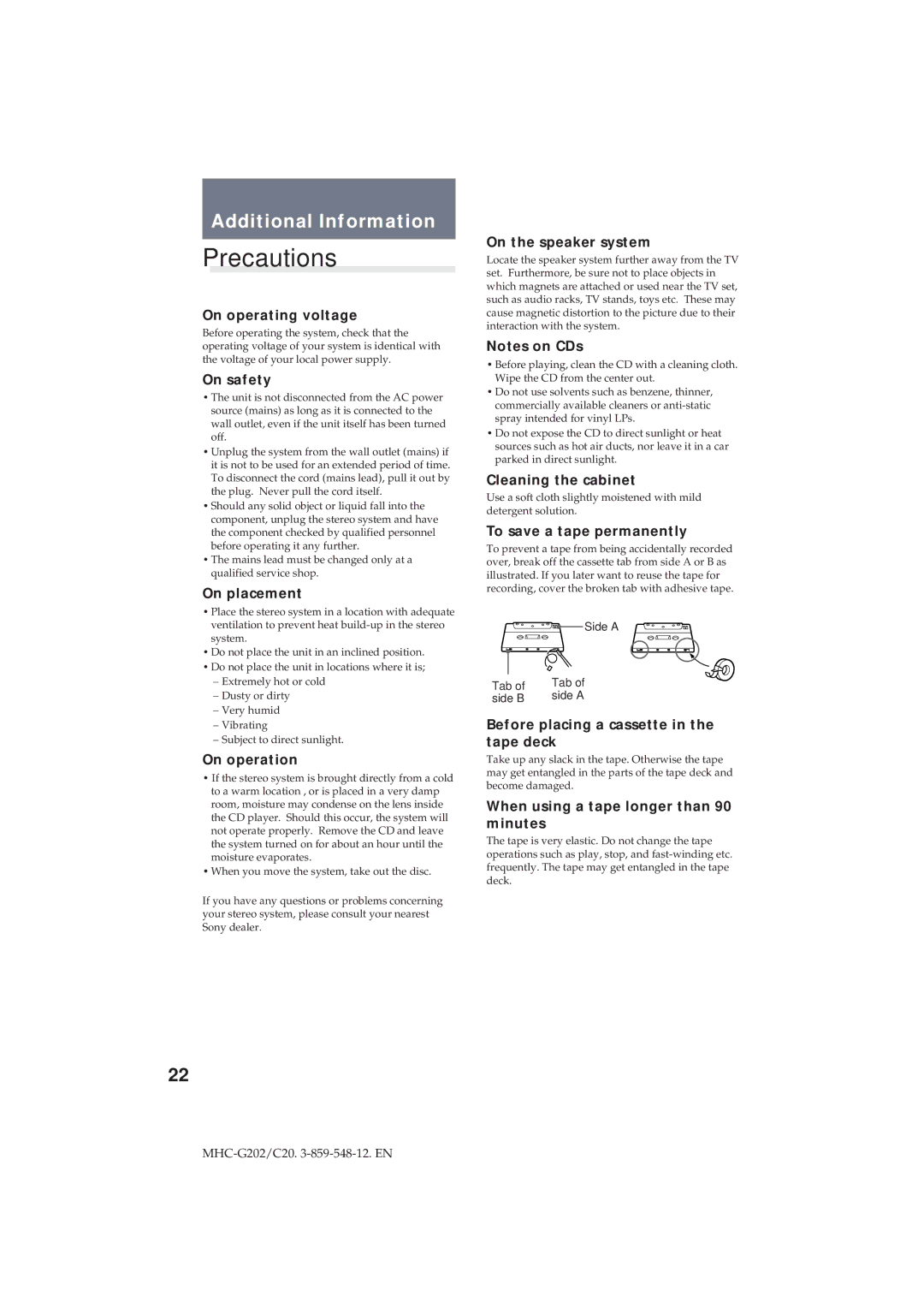 Sony MHC-G202/C20 manual Precautions 