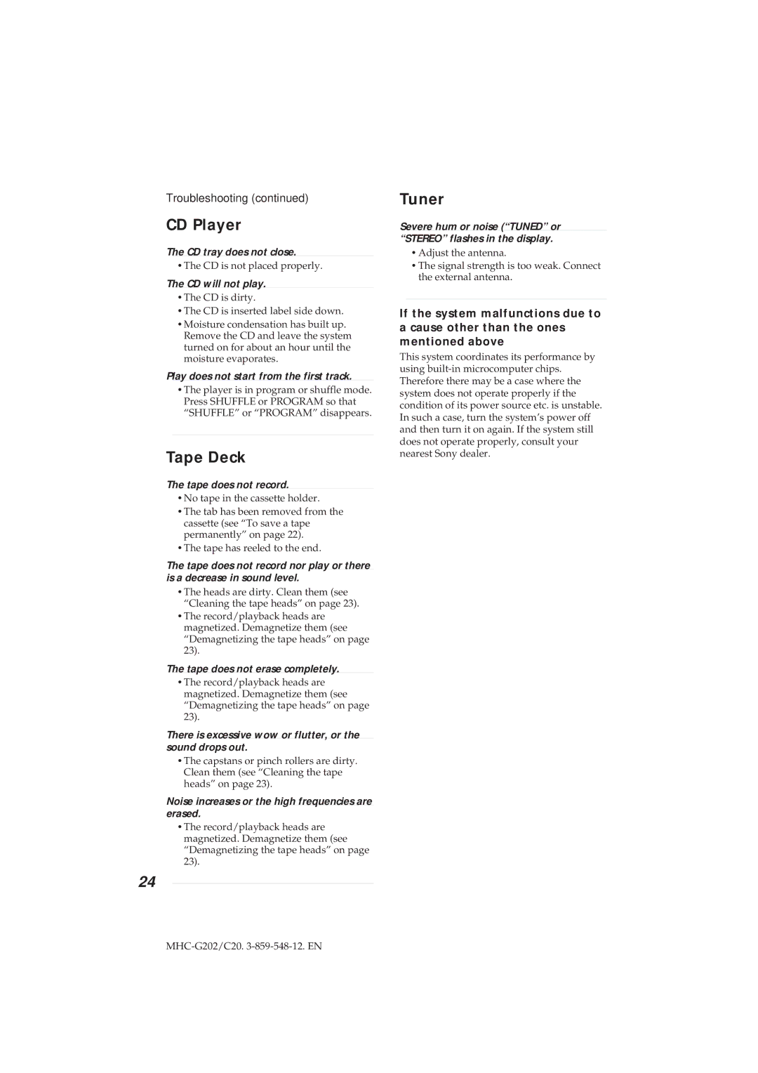 Sony MHC-G202/C20 manual Troubleshooting 