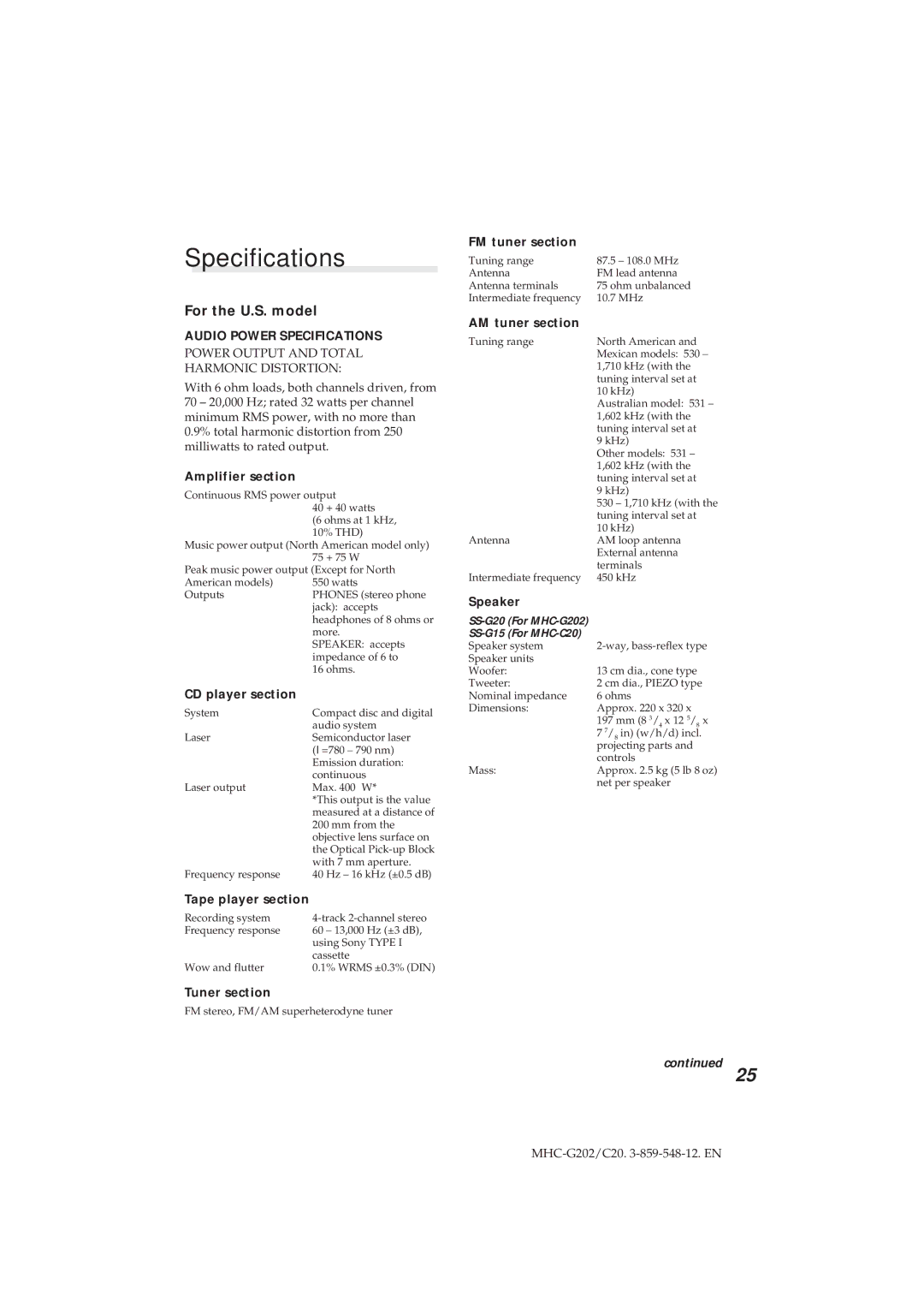 Sony MHC-G202/C20 manual Specifications, For the U.S. model 