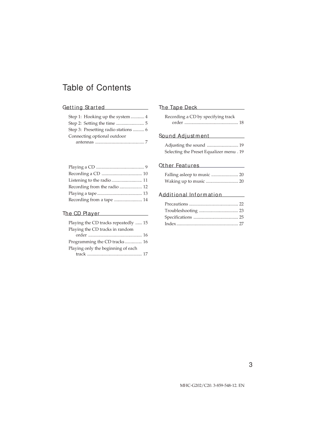 Sony MHC-G202/C20 manual Table of Contents 