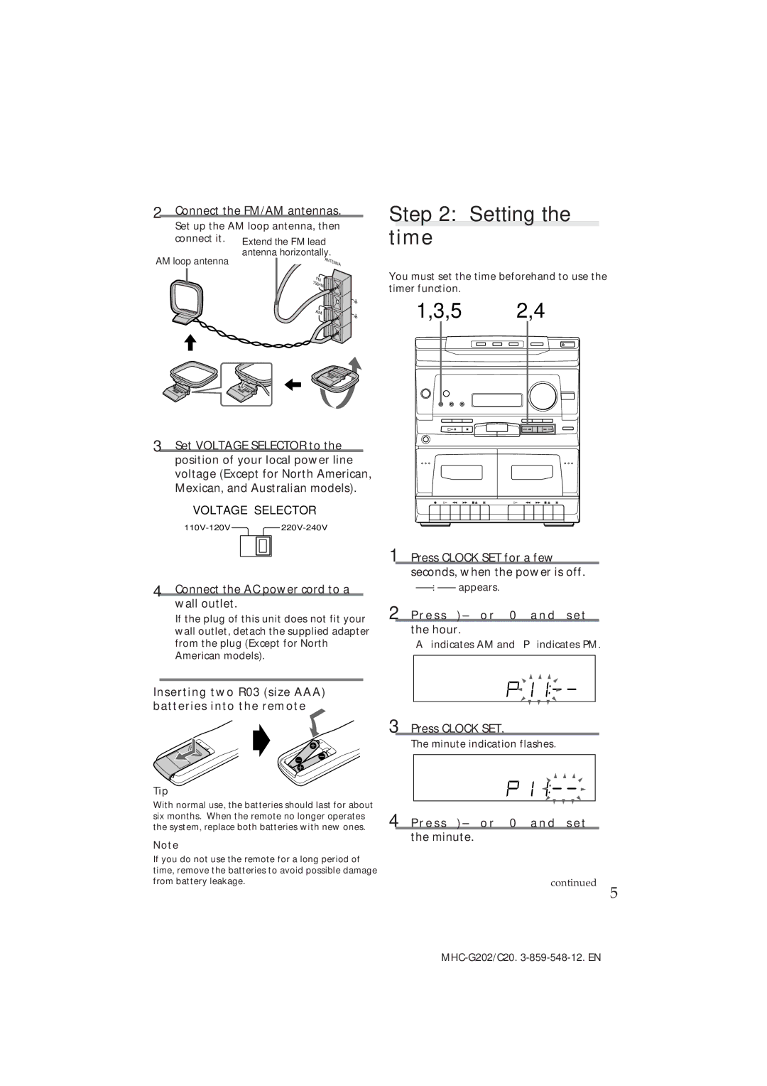 Sony MHC-G202/C20 manual Setting Time, 5 2,4, Inserting two R03 size AAA batteries into the remote 