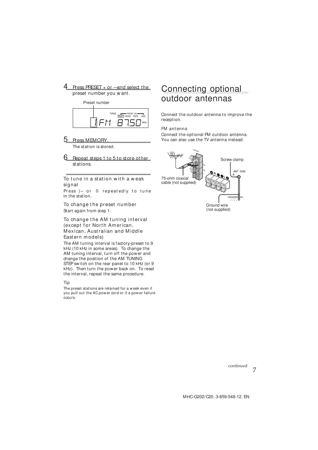 Sony MHC-G202/C20 manual Connecting optional outdoor antennas, Press Preset + or and select the preset number you want 