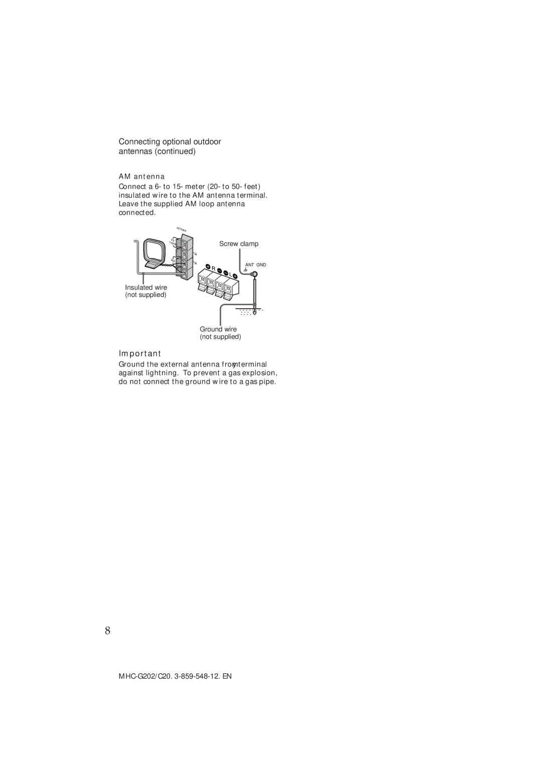 Sony MHC-G202/C20 manual Connecting optional outdoor antennas, AM antenna 