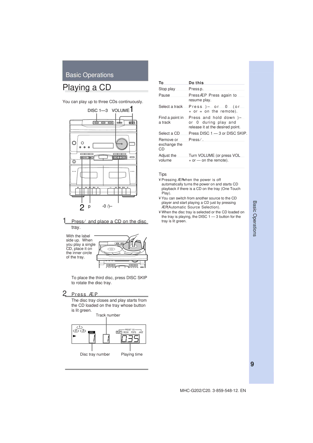 Sony MHC-G202/C20 manual Playing a CD, Press § and place a CD on the disc tray, Press · P, Basic Operations, Tips 