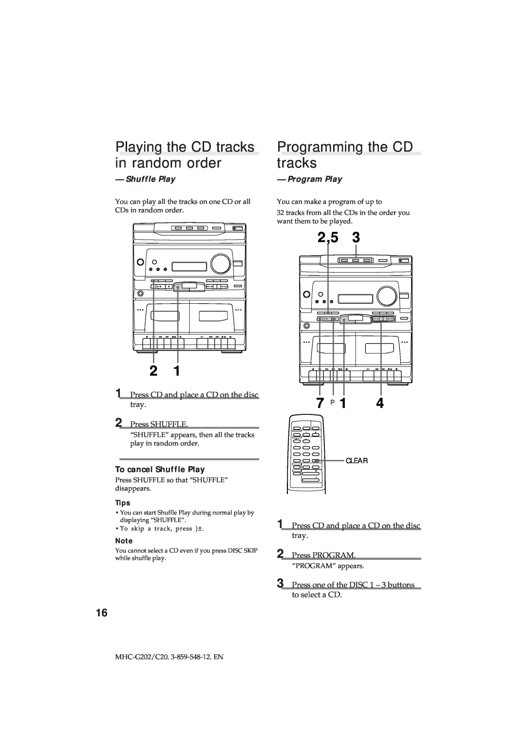 Sony MHC-G202/C20 Playing the CD tracks in random order, Programming the CD tracks, Shuffle Play, Press SHUFFLE, Tips 