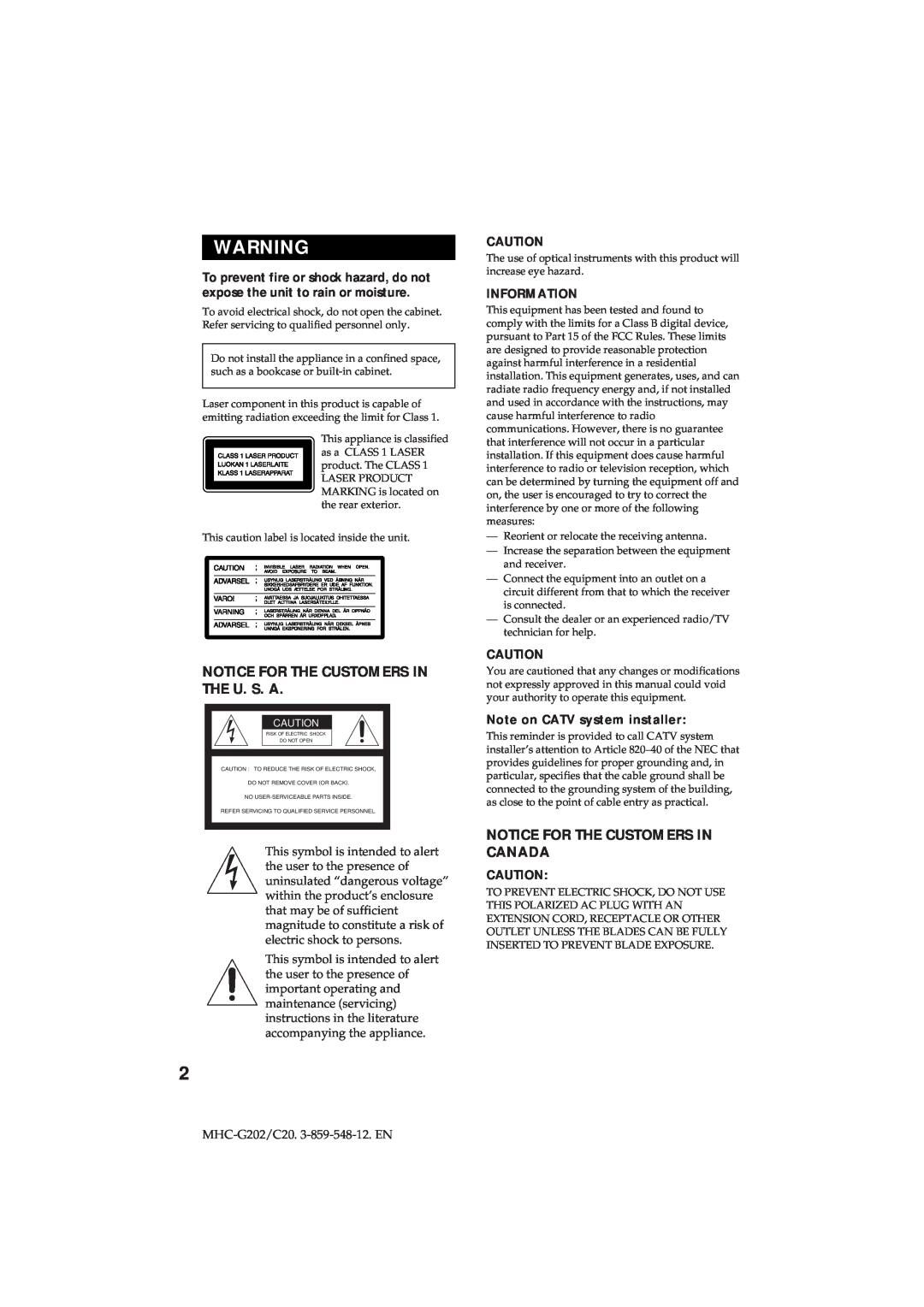 Sony MHC-G202/C20 manual Notice For The Customers In The U. S. A, Notice For The Customers In Canada, Information 
