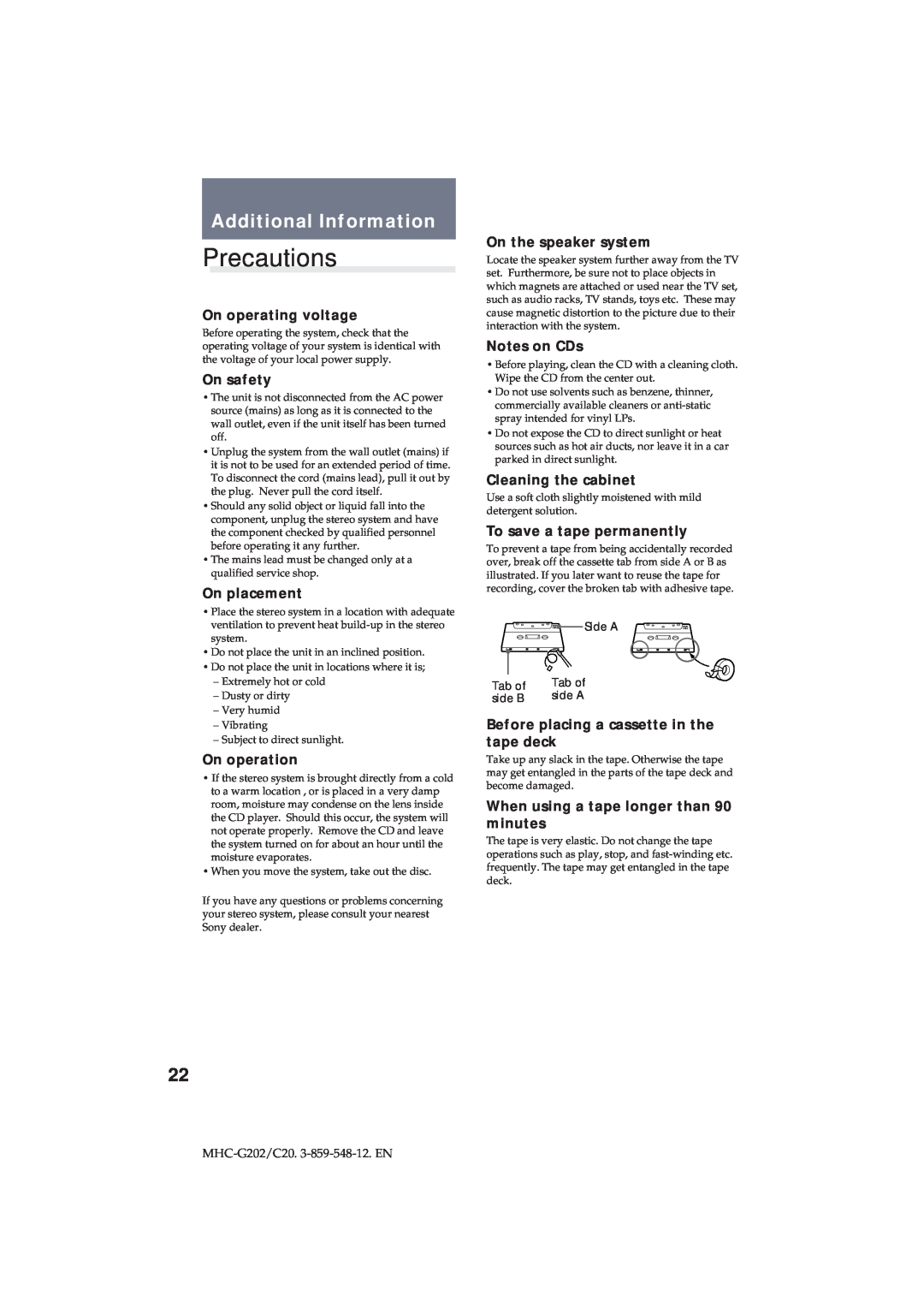 Sony MHC-G202/C20 manual Precautions, Additional Information 