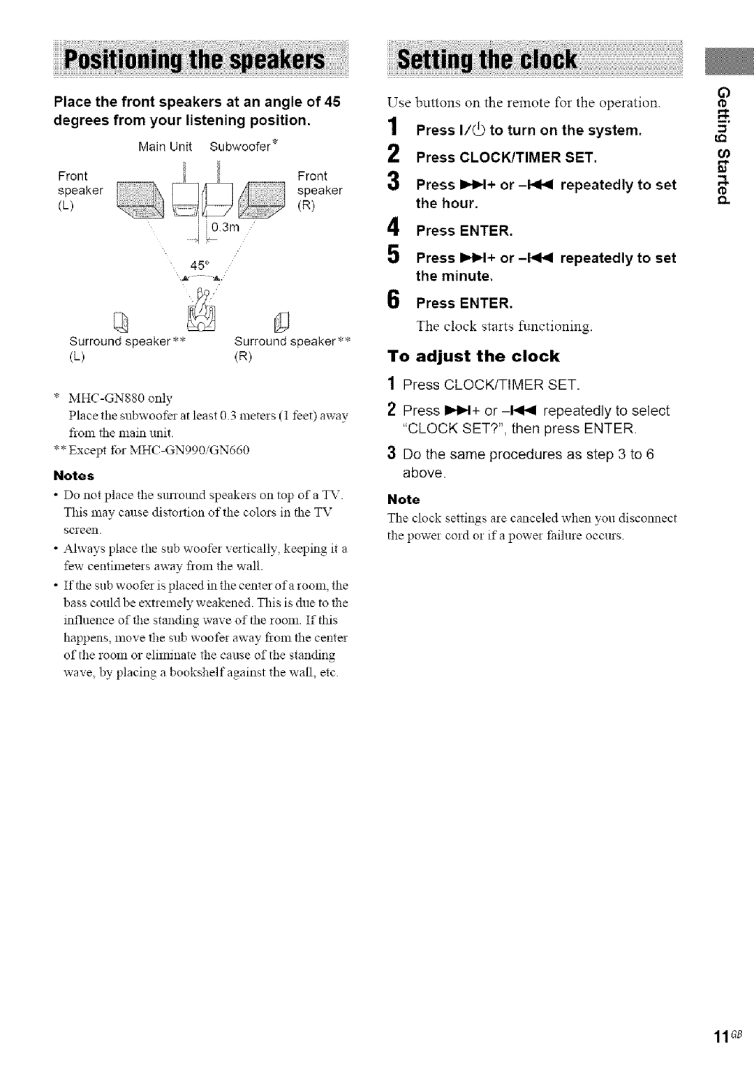 Sony MHC-GN990, MHC-GN880 manual To adjust the clock, Main Unit Subwoofer FrontFront Lspeaker SpeakerR, Surround speaker 