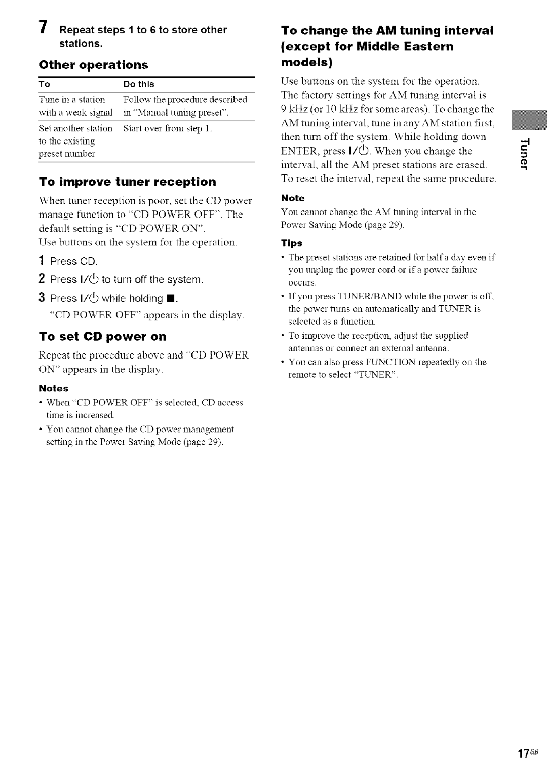 Sony MHC-GN660 manual To improve tuner reception, When tuner reception is poor, set the CD power, To set CD power on, Tips 