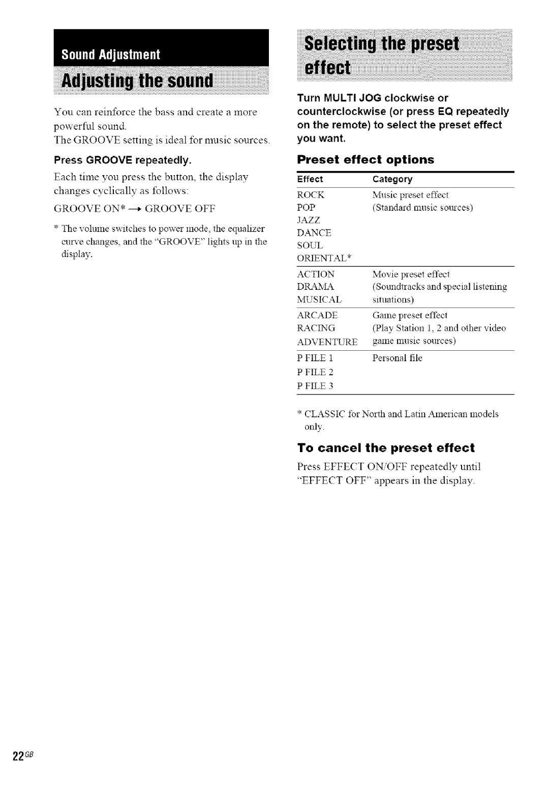 Sony MHC-GN770/GX9000, MHC-GN880, MHC-GN660 To cancel the preset effect, 22G8, Press Groove repeatedly, Effect Category 