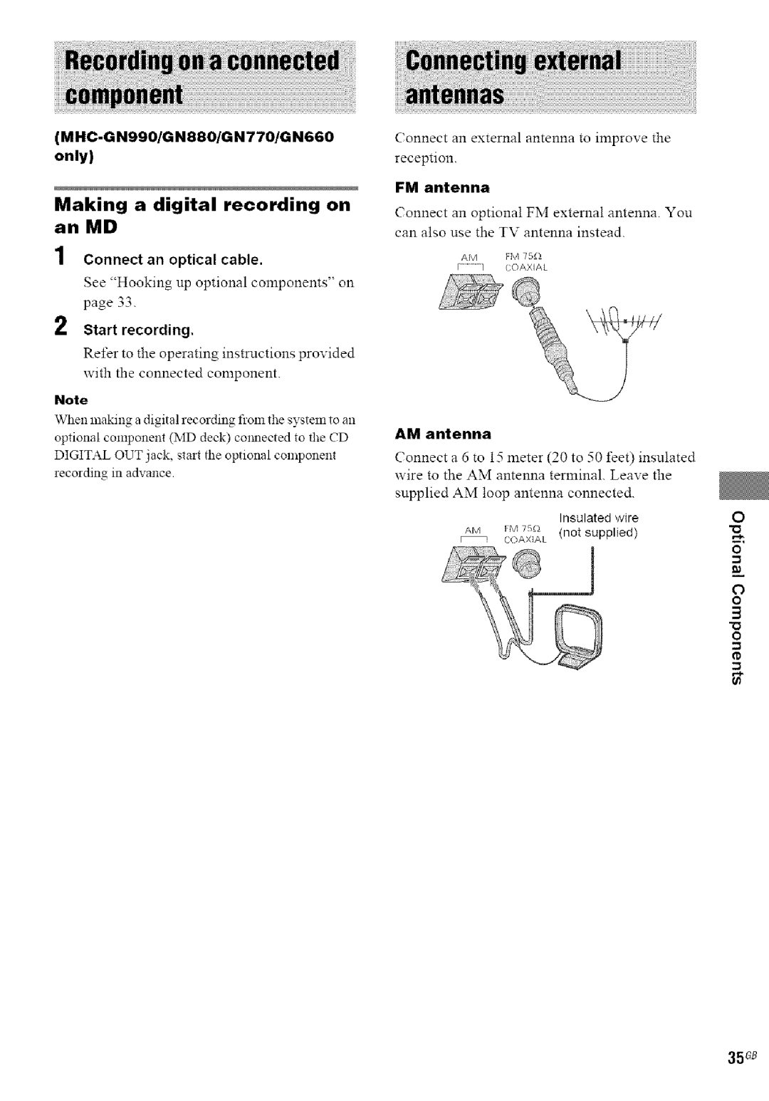 Sony MHC-GN990 manual Making a digital recording on an MD, MHC-G N990/G N880/G N770/G N660 only, FM antenna, AM antenna 