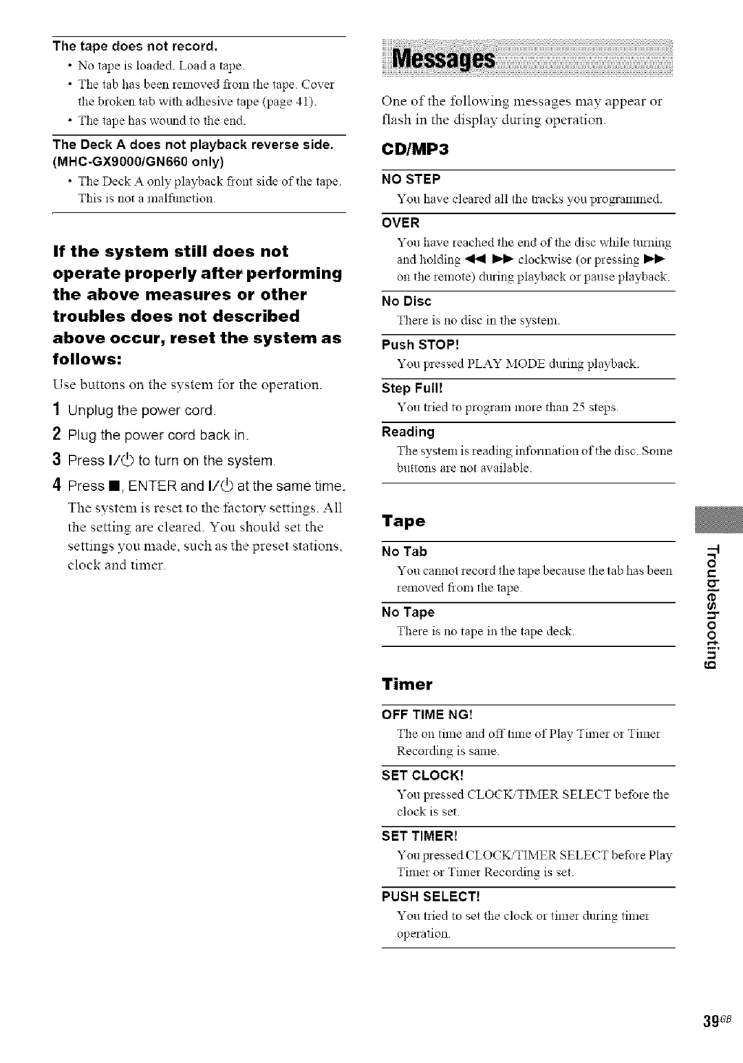 Sony MHC-GN990 manual Tape does not record, Deck a does not playback reverse side MHC-GX9000/GN660 only, No Disc, Push Stop 