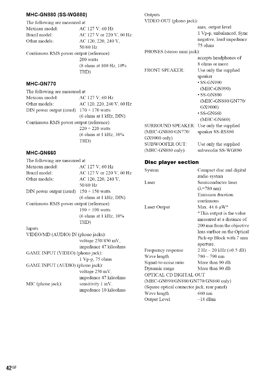 Sony MHC-GN770/GX9000, MHC-GN880, MHC-GN660, MHC-GN990 manual 42s8, SS-WG880, Llowi Are measured, Disc Player Section 