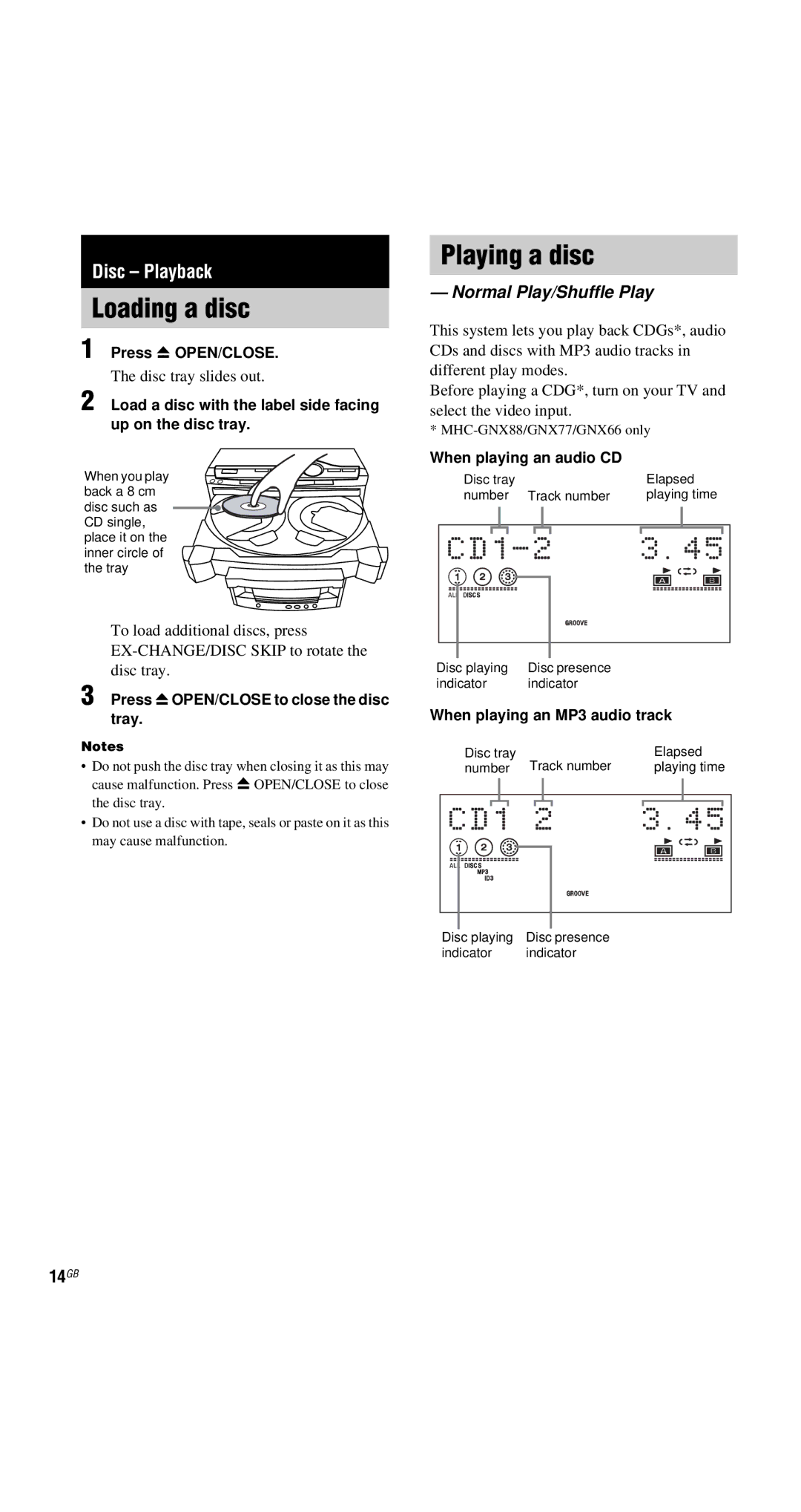 Sony MHC-GNX60, MHC-GNX100, MHC-GX9900, MHC-GNX88, MHC-GNX70 Loading a disc, Playing a disc, Normal Play/Shuffle Play, 14GB 