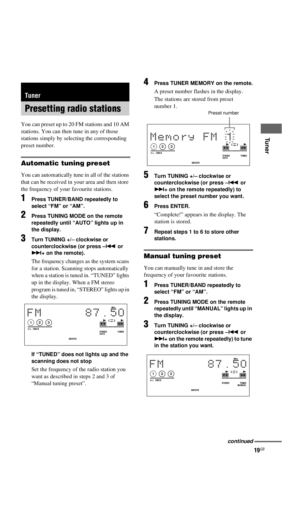 Sony MHC-GX9900, MHC-GNX100 manual Presetting radio stations, Automatic tuning preset, Manual tuning preset, Tuner, 19GB 