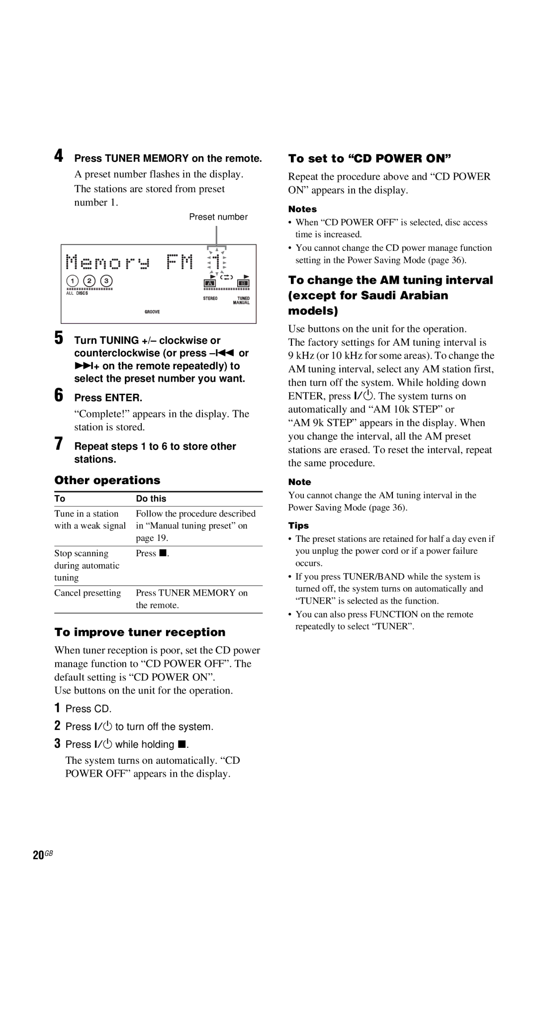 Sony MHC-GNX88, MHC-GNX100, MHC-GX9900, MHC-GNX70, MHC-GNX80 manual To improve tuner reception, To set to CD Power on, 20GB 