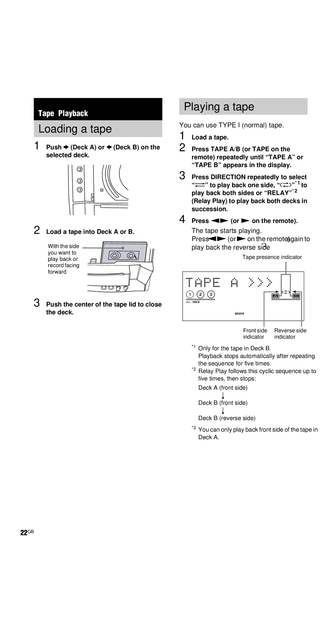 Sony MHC-GNX80, MHC-GNX100 manual Loading a tape, Playing a tape, 22GB, Push the center of the tape lid to close the deck 