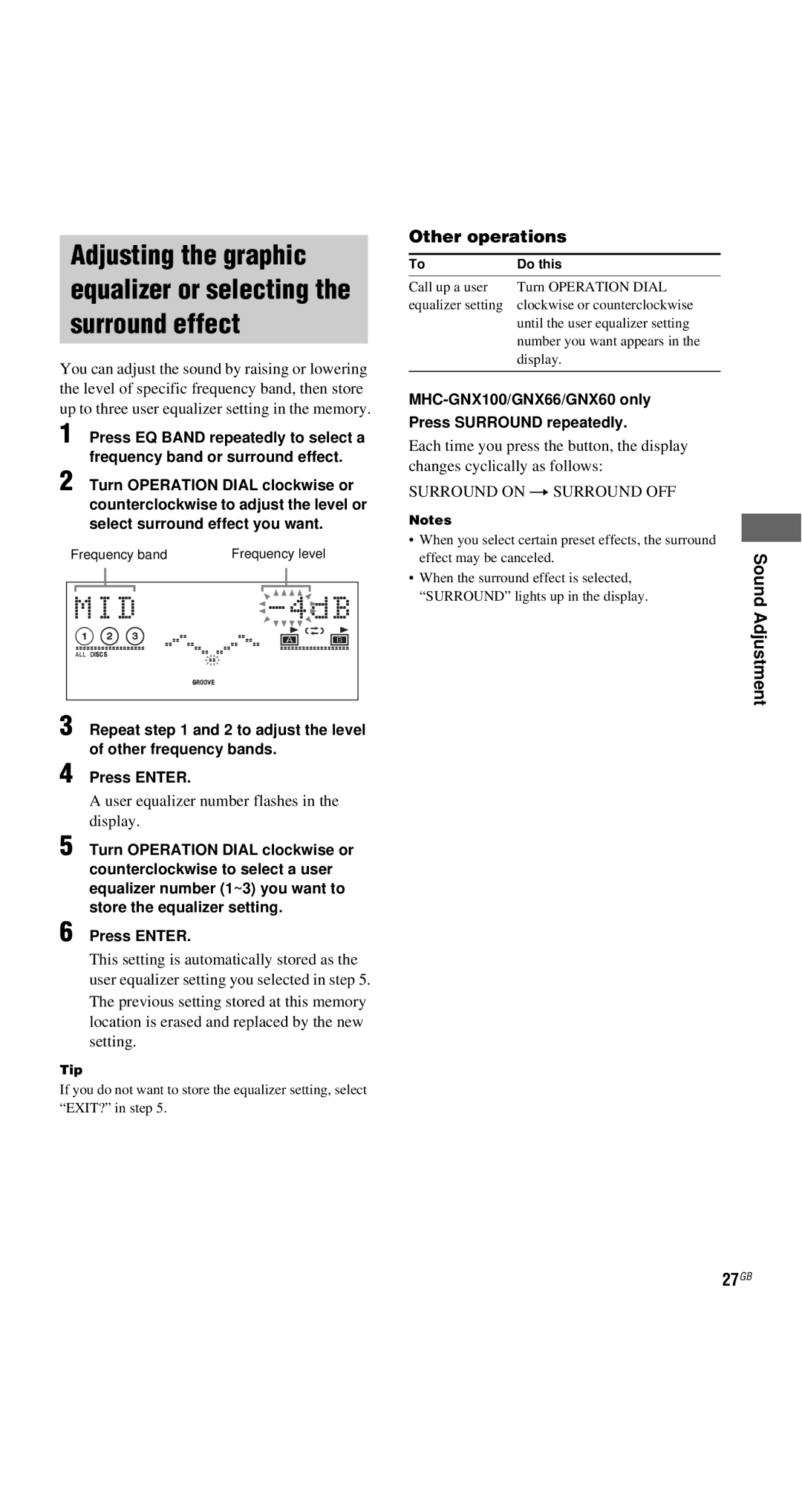Sony MHC-GX9900, MHC-GNX88, MHC-GNX70 manual Sound Adjustment, 27GB, MHC-GNX100/GNX66/GNX60 only Press Surround repeatedly 