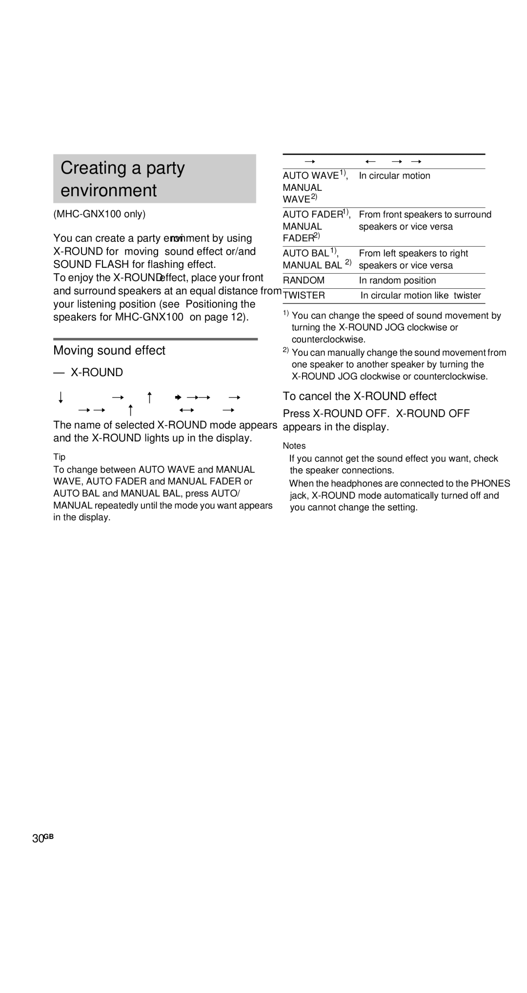 Sony MHC-GNX70, MHC-GX9900, MHC-GNX88, MHC-GNX80 Moving sound effect, To cancel the X-ROUND effect, 30GB, MHC-GNX100 only 