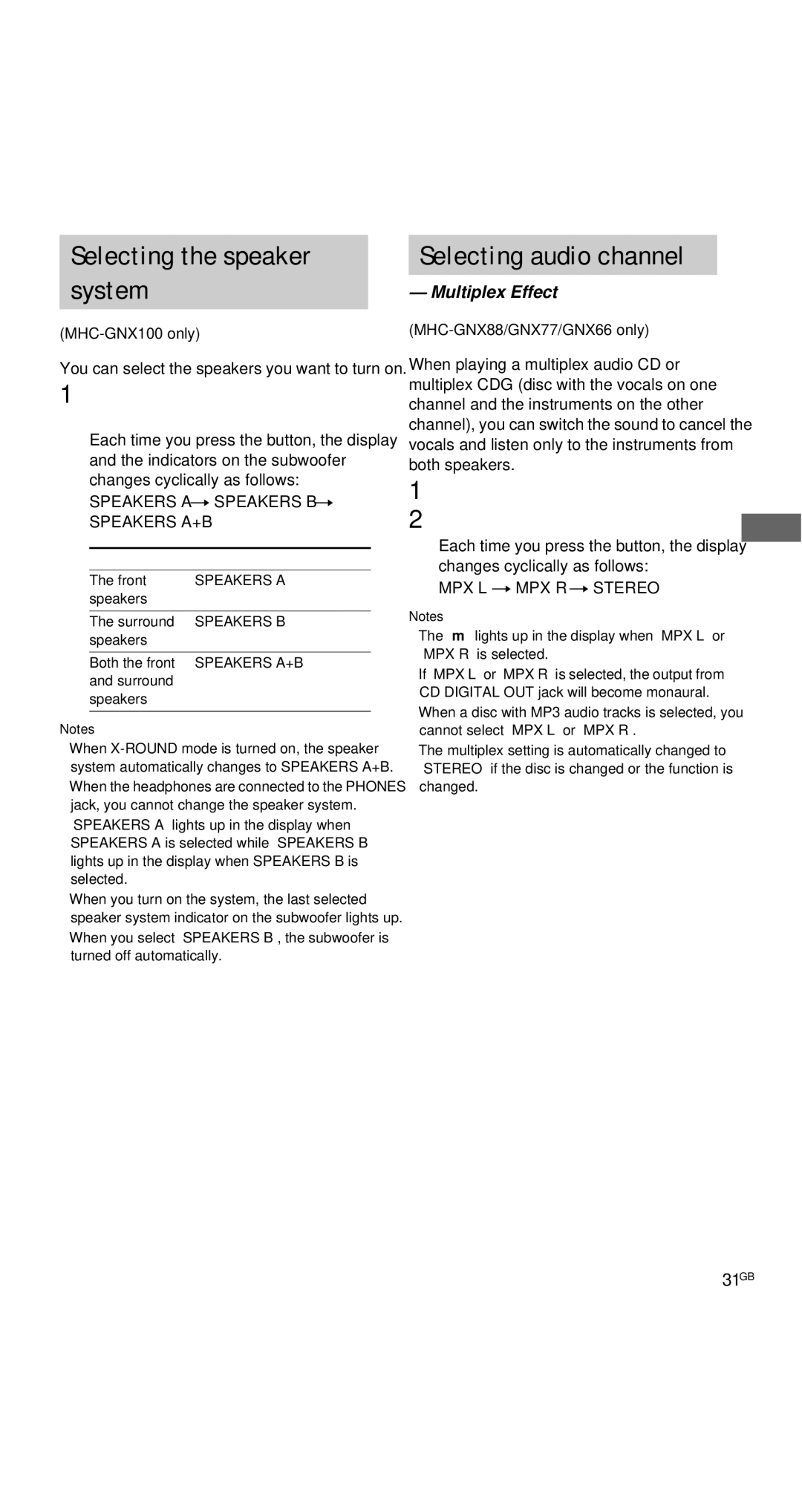 Sony MHC-GNX80, MHC-GNX100 Selecting the speaker system, Selecting audio channel, Multiplex Effect, Sound Adjustment 31GB 