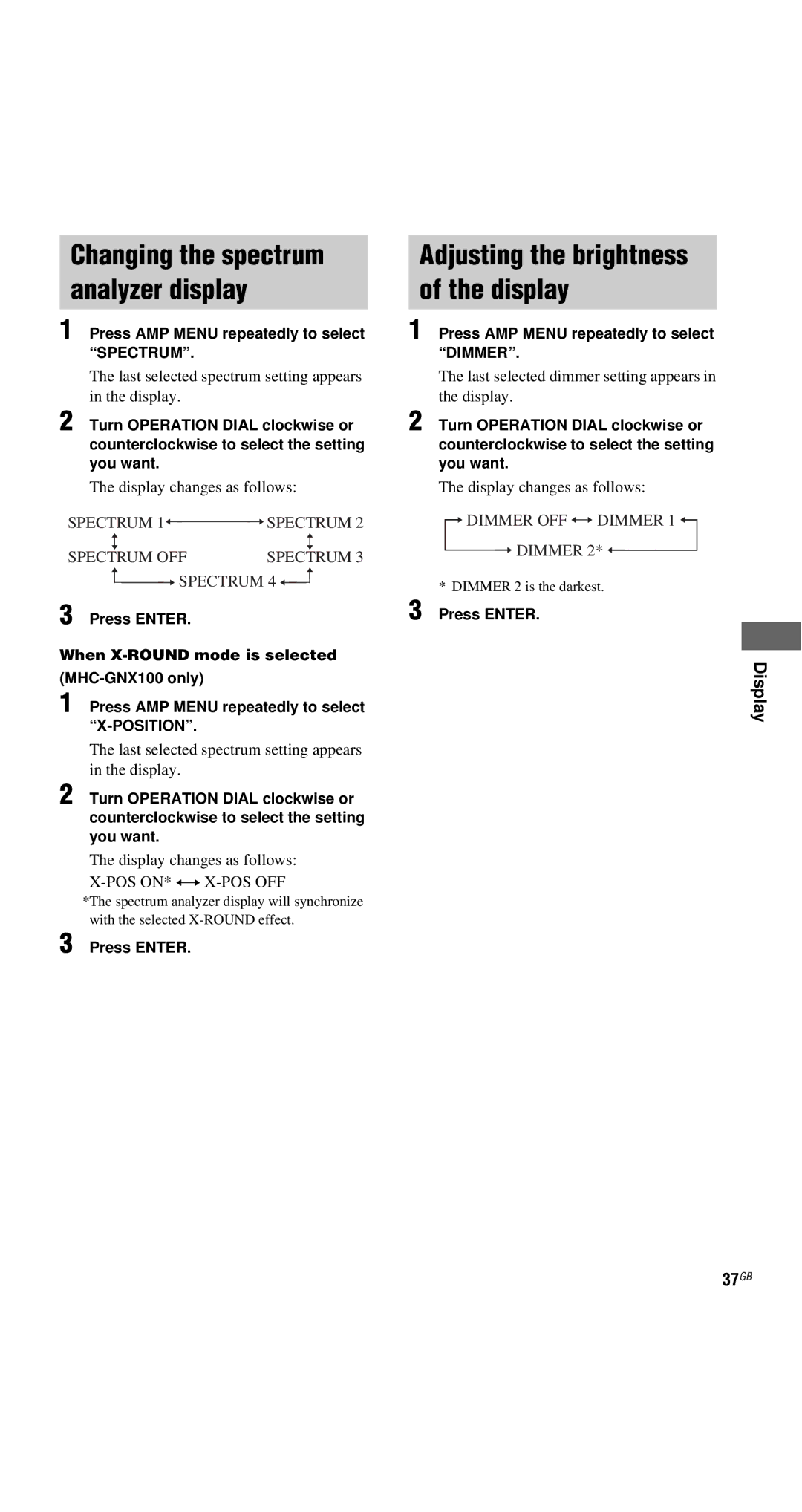 Sony MHC-GX9900 Display 37GB, Press AMP Menu repeatedly to select Spectrum, Press AMP Menu repeatedly to select Dimmer 